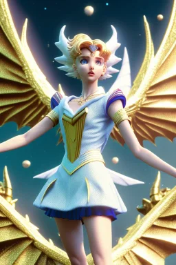 Sailor moon with short hair and dragons wings wearing only dragon scales,mythical,fantasy , magnificent, majestic, highly intricate, Realistic photography, incredibly detailed, ultra high resolution, 8k, complex 3d render, cinema 4d.