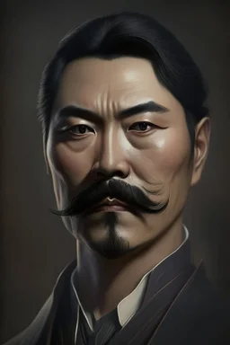 portrait of a man with Asian features, sturdy build, short dark hair, dark mustache and goatee