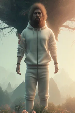 neanderthal portrait , white jogging suite, at dawn by atey ghailan, golden light , holding leaves and flowers , angels background, volumetric light, high detail, dark leaf tree, dark mountains in background, perfect