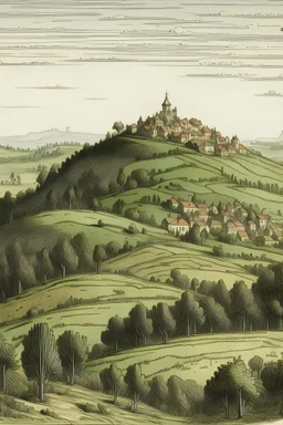 disegno di un villaggio sulla collina visto da lontano