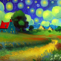 Dibujo al oleo de una pradera con una casa y un Reno con muchas nubes de colores estilo Vincent van Gogh