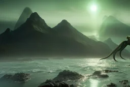 Cthulhu rising, dark, ocean, mist, mountains in background