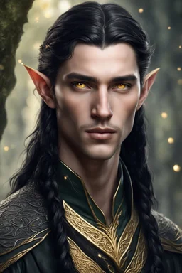 young elven man, with golden eyes, long braided black hair, dressed in elegant elven tunic