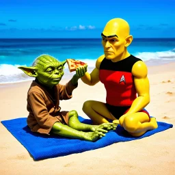 sandy beach scene shows realistic Data from Star Trek and Star Wars' Yoda wearing only a bright red speedo. Yoda, with green wrinkled skin and pointed ears, sits cross-legged while extending his three-fingered hand to feed a wedge of Welsh Rarebit to Data, who reclines on a blue beach towel. Data's pale complexion and yellow skin tone are visible as he receives the food. The beach setting features golden sand, with blue ocean waves visible in the background. Daytime outdoor photography with nat
