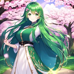 girl, masterpiece, best quality, cinematic lighting, detailed outfit, perfect eyes, long hair, green hair, green eyes, hairclip, outdoors, ray tracing, god rays, in spring, cherry blossom, sparkle, depth of field, smile,