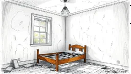 Textured, hand-drawn look, visible soft pencil strokes and shading, A sunlit, old bedroom with peeling white wallpaper and a broken bed frame made of wood, with debris like fallen ceiling tiles and dust bunnies scattered across the floor. A single light fixture hangs from the ceiling, casting shadows in the corners. Sunlight streams through a dusty window, highlighting the neglected state of the room.