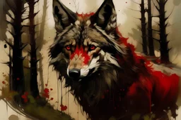 Pintura en doble exposicion de un lobo siniestro y el rostro de caperucita roja, foco nítido, fondo claro de un bosque al estilo de Goya.