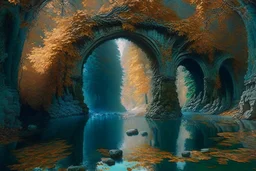 emerald river beneath incredible ancient stone arches, autumn trees, no people, by Ivan Shishkin, Ferdinand Knab, Dan Seagrave, Erik Johansson, Peter Mohrbacher, Anato Finnstark, Flavio Greco Paglia. unreal engine, bokeh sharp focus dof ultra realistic oil on canvas beautiful award winning photograph ultra detailed