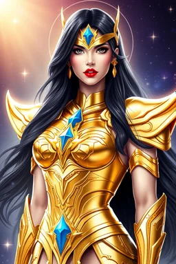 SUPER PRETTY WOMAN, WEARING A GOLDEN ARMOUR, ZODIAC SIGN TAURO, BLACK LONG HAIRED, RED LIPS, SERIUS MODE, cosmoenergy around her, starlights background,SAINT SEIYA INSPIRED