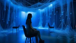 Multiple empty chairs in a room with a reflective floor surrounded by a dense network of BLUE threads that hang from the ceiling like cobwebs, some of the threads are luminous. In only one of the chairs is a woman sitting dressed in white,