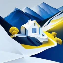 Ilustración minimalista de una cabaña campestre estilo Zaha Hadid en las montañas arte nouvea color negro blanco azul y amarillo vista aérea