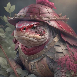 Ultra realistic rendering of turtle samurai, blood, guts, wildflower, intricate, darkred tones,