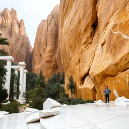 Un'immagine di un paesaggio naturale imponente con marmi imponenti gialli e marroni, imponenti e altissimi. A sinistra ci sono strutture artificiali e alberi. Queste strutture sembrano colonne di marmo bianco, che creano un contrasto tra il naturale e l'artificiale. Persona osserva. bianco con venature e solchi. La scena trasmette un senso di sospensione e dialogo. Dettagli degli specchi e delle rocce molto accentuati