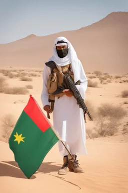 Al-Fanah in the middle of the African desert wearing an Algerian flag and a sophisticated backpack