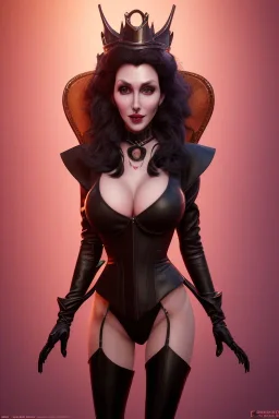 Brandi Love as evil queen in black leather, leather, busty, cleavage, angry, stern look. character design by cory loftis, fenghua zhong, ryohei hase, ismail inceoglu and ruan jia. unreal engine 5, artistic lighting, highly detailed, photorealistic, fantasy