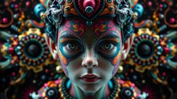 3D symmetrical rendering of an enigmatic expressively detailed and intricate, hyperrealistic dreamscape child: symmetric, front view, colorful paint, tribalism, steampunk, shamanism, cosmic fractals, dystopia, telepathy, 16k, high-resolution, realistic, surrealistic, v-ray, quixel megascans render, sintane render, dramatic volumetric lighting, exquisite composition, beautiful detailed intricate detailed octane render, artistic photography, photorealistic, perfect light, chiaroscuro