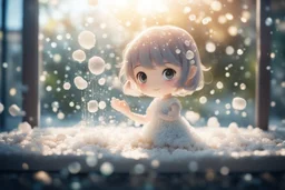 double exposure, only dots and pebbles, cute chibi anime girl, fountain, garden, ice flowers on a window in sunshine, backlit, ethereal, cinematic postprocessing, bokeh, dof