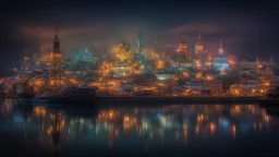 dream world, city harbour, calm beauty, fantasy world, magic, night, darkness, splendor, uplifting, inspiring, therapeutic, chiaroscuro, color, award-winning colour photograph, beautiful composition, Nikon 135mm