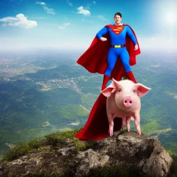 pig with superman cape on top of a mountain, realistic