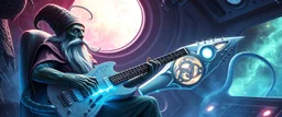 illithid high priest gremlin squid guitar acoustic banger, instrumental, celtic, georgian, gypsy jazz, back on track portrait of space captain gnome lich, , priest psycho, in cockpit, celtic knot hollow tube transparent core ornate indented space ship, shiny bright mega ship flourescent white blue like bubble gum with a few big windows and decks, interdimensional twister, rock against colored spaced fog, space interior. split tail, winged serpent, glowing aura