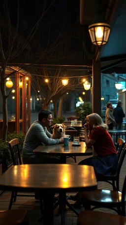 Cafe table outside with at night with dim lights on the tables in the style of vincent van Gogh, without people and animals only a couple lovers with a dog