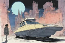 retro anime style, full color, dark serious 1980s anime Lunar Punk city, moebius artist, magic, watercolor,