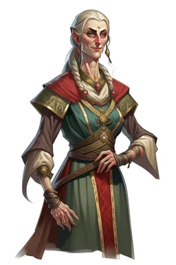 d&d high elf female in her fifties wearing medieval dress with hands behind her back