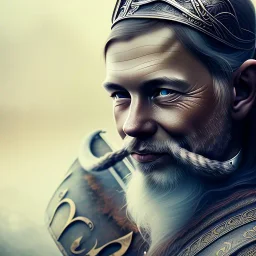 Viking theme, a younger woman sitting next to a 50-year-old man, portrait, 8K, close-up face, anatomically perfect face, Highly detailed stunning full frame portrait, misty and cloudy atmosphere