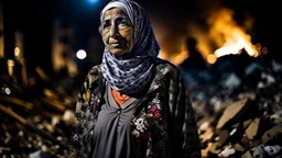 Palestinian old woman wears the keffiyeh , Carrying a small city ,at summer , Destroyed Buildings , with a Explosions, at night