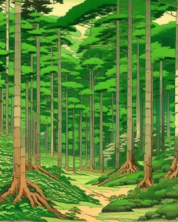 A green forest with giant trees painted by Katsushika Hokusai
