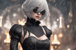 Hot 2B with mouth mask in 8k nier automata artstyle, 2B them, 2B Custom, close picture, rain, fantasy world, intricate details, highly detailed, high details, detailed portrait, masterpiece,ultra detailed, ultra quality