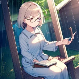 anime girl sitting on a porch swing of an old house, journaling, wearing pajamas, writing in a book, shes watching it rain, more detail on hands and her face,shes deep in her thoughts, wearing glasses, rain drops, she has a pencil in her hand and is writning in the book, she is looking down at what she is writing