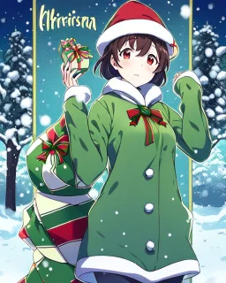 Girl with short brown hair, red eyes, green sweatshirt with a horizontal yellow stripe, he is wearing a Christmas hat, and in the background there are trees in the cold winter with lots of snow, Anime Hq style