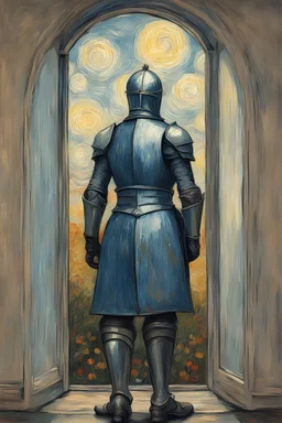 knight stood gazing through a window, classical 1800s van gogh artwork style, portrait