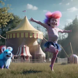 Ultra realistic circus scene. Sweet hair monster jumping and Child’s playing, smile, happy, smooth color, waist up view, Wes Anderson style, dark ambient, highly detailed, concept art, unreal engine 5, god rays, ray tracing, RTX, lumen lighting, ultra detail, volumetric lighting, 3d, finely drawn, high definition, high resolution.