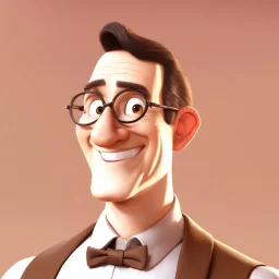 a portrait of smiling a mature man. carricature. dark black hair. short hair. light brown skin. dark brown eye pupils. wearing small rectangle, thin frame glasses. square face shape. formal dress. pixar style. 3D. 4k. portrait. highly detailed. sharp focus. high resolution. full color. cinema lighting