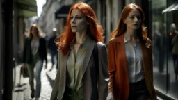 shoulder-length red-haired woman walking along a street full of shops, with a translucent woman following her