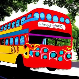 smiling bus with eyes by jim woodring in cartoon style