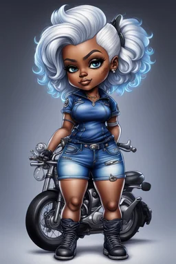 create an airbrush illustration of a chibi cartoon voluptuous black female wearing a blue jean outfit with biker boots. Prominent make up with hazel eyes. Extremely highly detail of a very low platinum blonde pixie haircut. Background of a bike show.