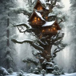 Elf tree house in the forest, 8k, realistic, intricate, highly detailed, cinematic snow effects