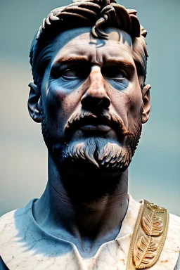 Ultra Realistic image, roman sculpture, white marble material, Lionel Messi, gold Laurel leaves crown, miguel angel style, chisel style, emperor, waist up portrait, epic, celestial style, cinematic lighting, God light, god rays, 4k resolution, smooth details, ornate details, soft lighting, unreal engine 5, blue background.