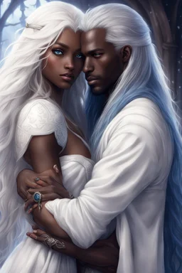 young dark-skinned sorceress with blue eyes and straight long snow-white hair, hugging her betrothed white man