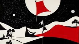 An abstract illustration by Malevich and Kuniyoshi of a black and white desert landscape with a minimalist red pirate flag.