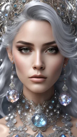 AI 3d photo realistic portrait of young woman, beautiful, shiny hard eyes, make up, Fantasy style, shiny baubles, ornate, large gemstones, shiny molten metalics, shiny wire filigree, silver hair, high definition, high res, octane render, 64k, 3d