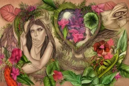 Lilith, Goddess, tropical flowers, realistic heart drawing, crystals, tropical leaves, sacred altar, Fantasy home.