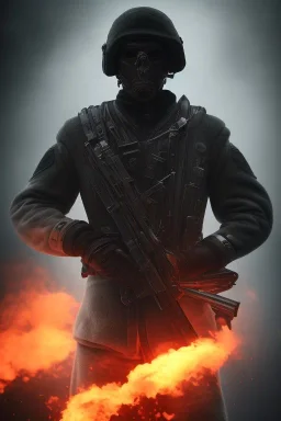 All black German soldier, head made out of white smoke, dark, rage, sorrow, high definition, ultra 8 k, volumetric lighting, blue fire, fog