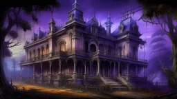 A violet haunted mansion filled with spirits painted by Leonardo da Vinci