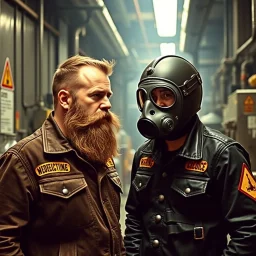 en skäggig motorcykelklubbs kille som försöker prata med en gasmask i en fabrik, livsfarliga kemikalier som lut och syra, varningsymboler, gasmasker, dom kallar honom för babyface för att ser så barnslig ut