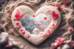 Double exposure, merged layers, cute chibi snowy heart and love, pink and red, made with concrete and driftwood and rare pearl and low voltage filament lit, in sunshine, white lace, burlap, waterfall, flowers, in sunshine, ethereal, cinematic postprocessing, bokeh, dof