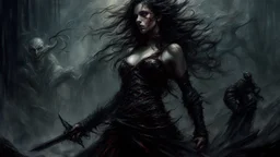 Dark fantasy world, girl, battle, mist, battlefield, Lovecraft's Monster in the background, dark colors, Luis Royo & Raymond Swanland & Alyssa Monks & Anna Razumovskaya